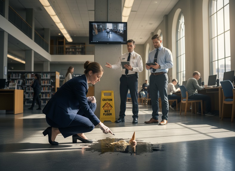 Lawyer examines spilled ice cream near "Caution Wet Floor" sign in library, with security guards observing.