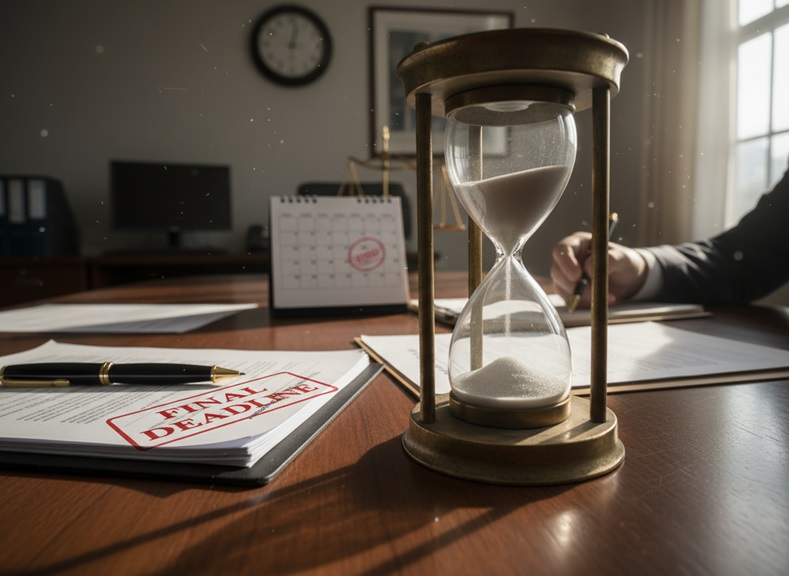 Law office desk with hourglass, documents stamped "FINAL DEADLINE", calendar and lawyer.